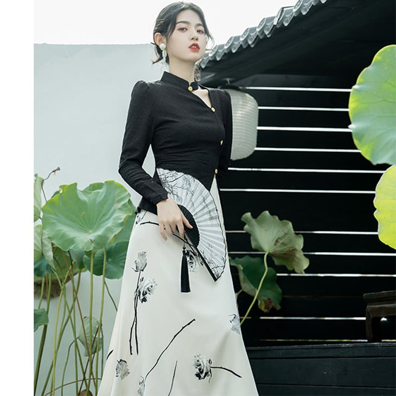 [Ink Year Flower Series] ★Chinese style setup★ 2-piece set Ink pattern, slimming, Chinese clothes, date, SML, commuting, photography