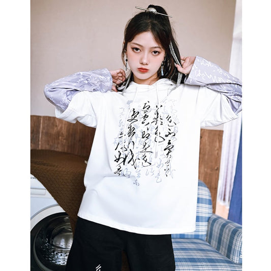 [Kokaisha---Shinkyo Series] ★China style hoodie★ Tops Faux layered letter pattern original black white