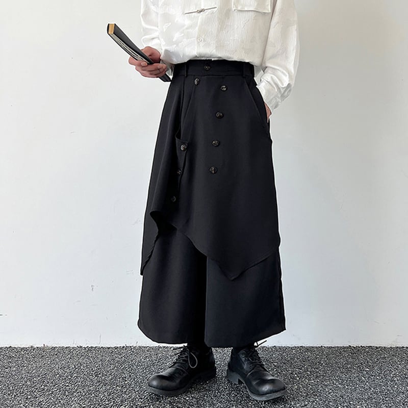 [Illustrated series] ★Pants★ Gaucho pants Unisex Men's Nine-quarter length Black Black Faux layered Culottes