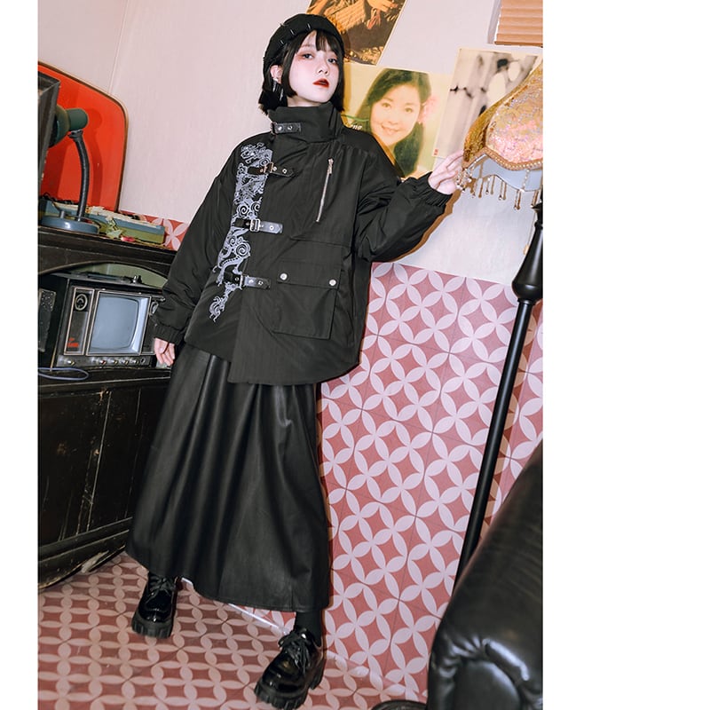 [Ancient monster house---Sankairyoryu series] ★China style coat★ Cotton coat Dragon Dragon crest winter coat Black Black