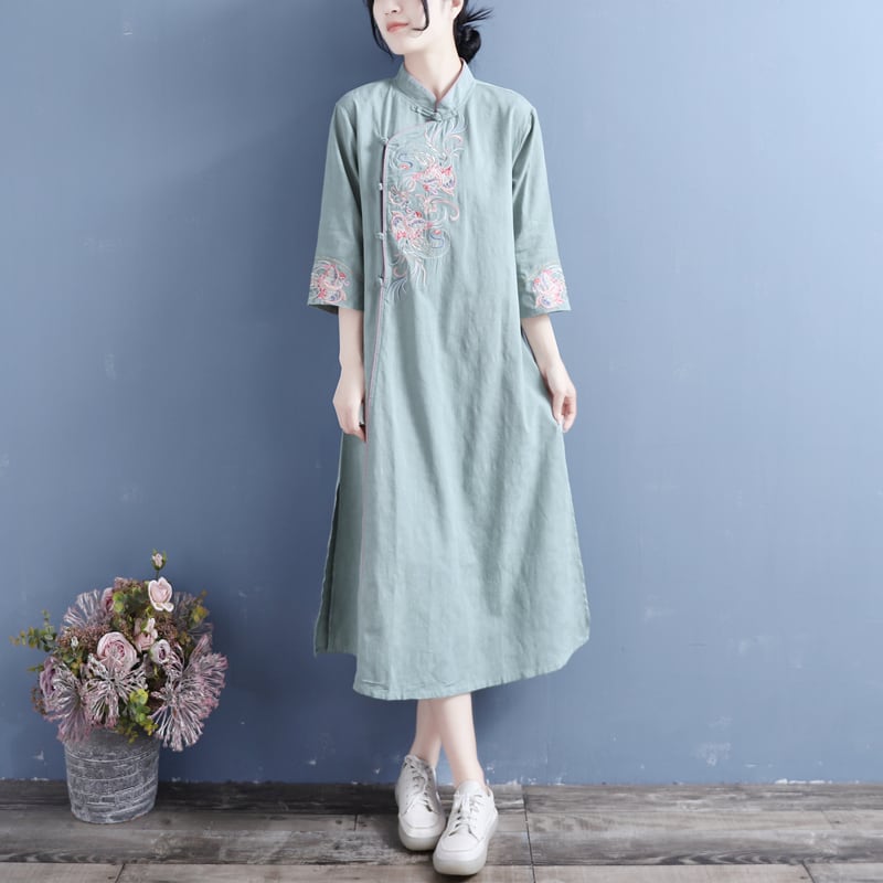 [Qing series] ★China style dress★ 4 colors, floral pattern, cotton, linen, white, blue-green, pink, yellow, spring, autumn, 3/4 sleeves