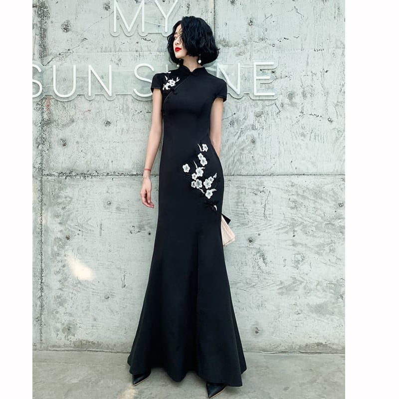 [Chouga series] ★Long length cheongsam dress★ 6 size mermaid line black