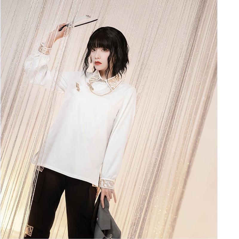 [Kyoto Series] ★China Style Shirt★ Tops Embroidered with Chain Men's White Men's Long Sleeve