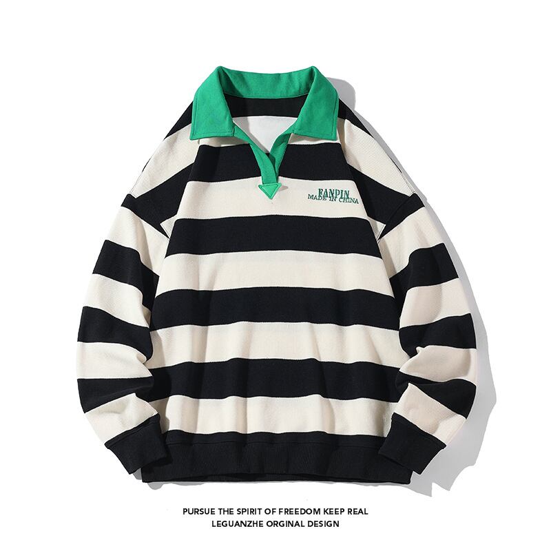 [BIGEMAN Series] ★Tops★ 2color Unisex Men's POLO neck Horizontal stripes Black Green Large size