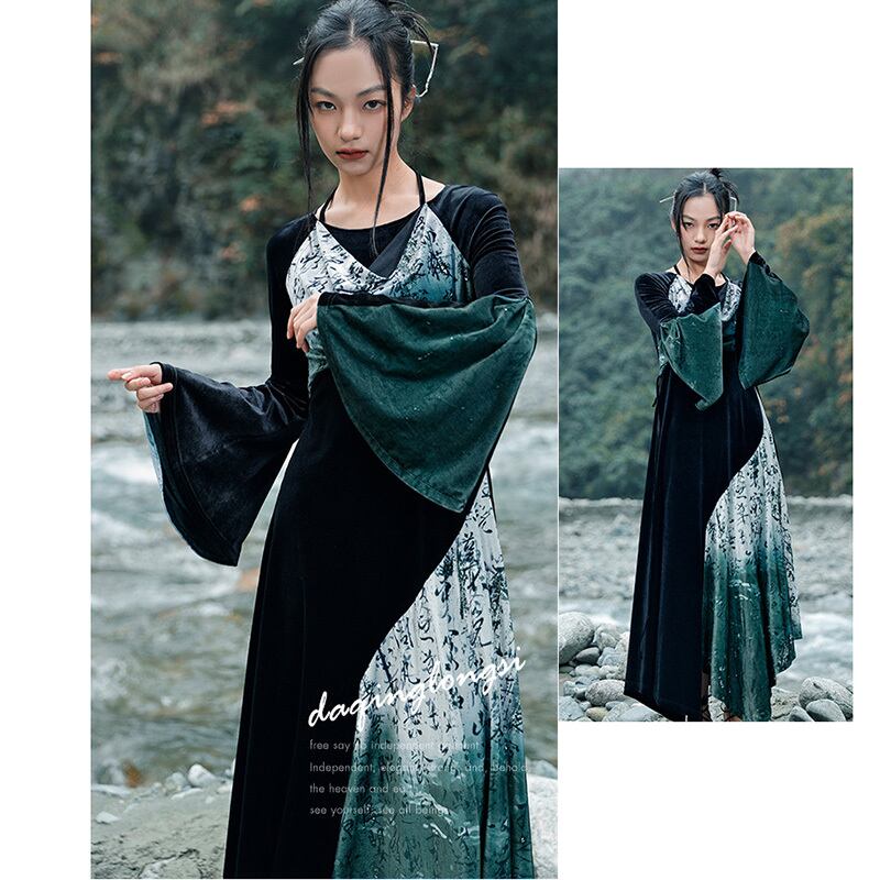 [Big Blue Dragon Series] ★China style dress★ Long length, letter pattern, switching, velvet, original