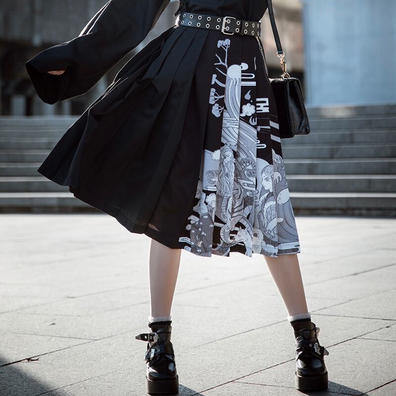 [Kyodo Series] ★China Style Skirt★ China Clothes Pleated Skirt SML LL Print High Waist Black Black