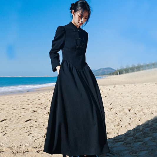 [Da Qinglong Shu Series] ★Chinese style dress★ Long length Chinese clothing Original Black Black Improves your temperament