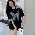 Load image into Gallery viewer, [MANBAO series] ★T-shirt★ Tops, short sleeve T-shirt, off-the-shoulder summer clothes, butterfly, cute, black, black, sexy
