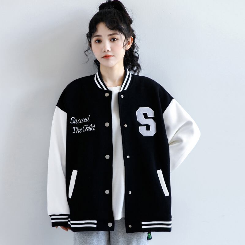 [ZISU0 series] ★Outer★ Stadium jacket fashion ladies black black color scheme alphabet