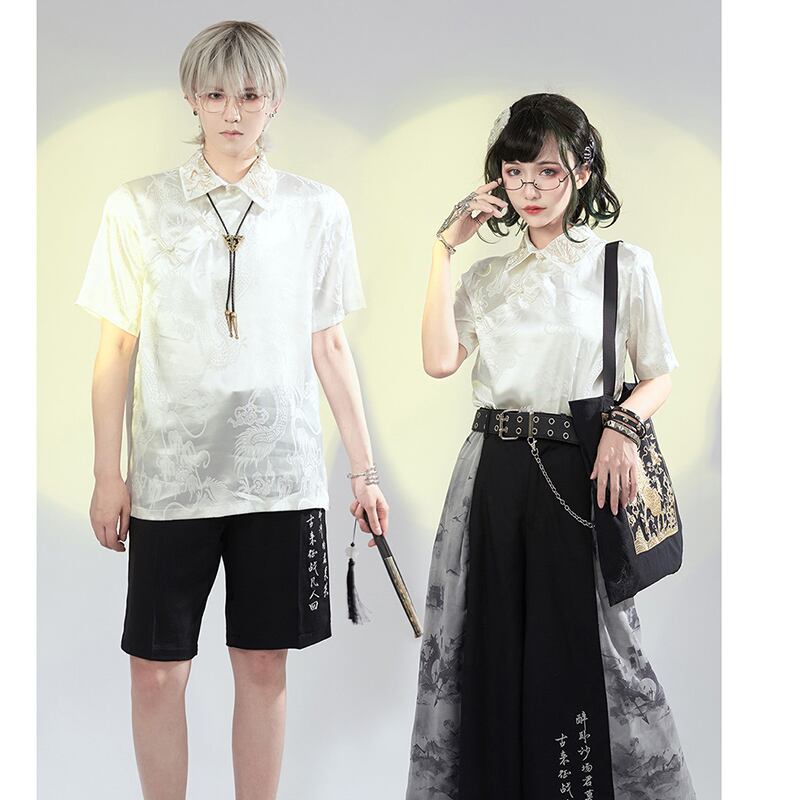 [Kyodo Series]★China style shirt★ Tops 2color Unisex Men's Dragon pattern Dragon pattern Black White