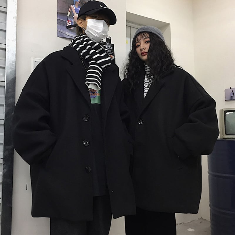 [Miyakoya Series] ★Trench coat★ Rasha Unisex Thick Warm Black Black ML Plain Simple Harajuku style Easy to match