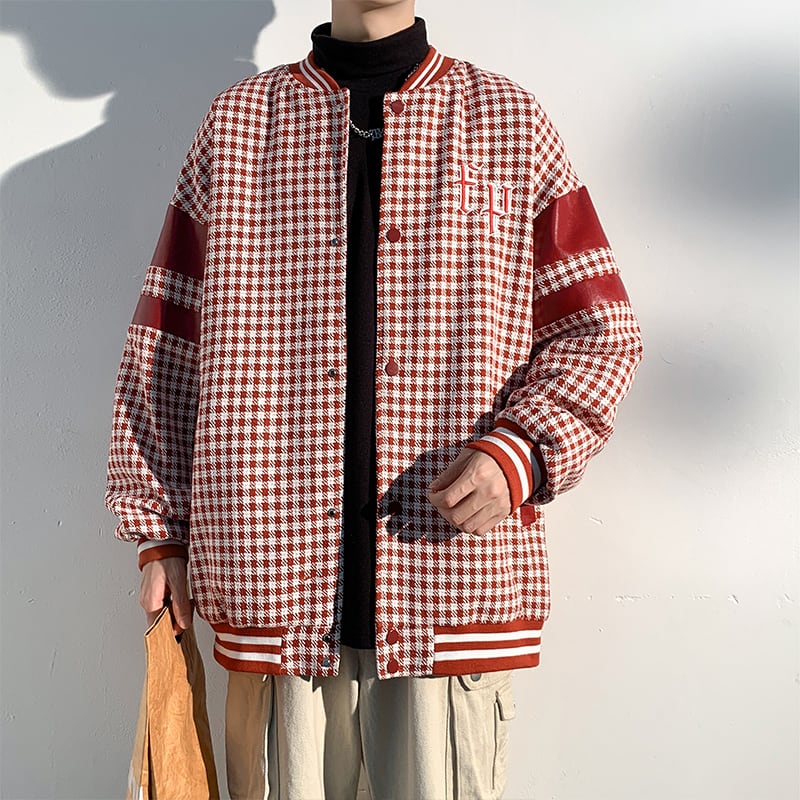 [BIGEMAN Series] ★Stadium jacket★ Plaid pattern 2color Unisex Men's Large size Black Red