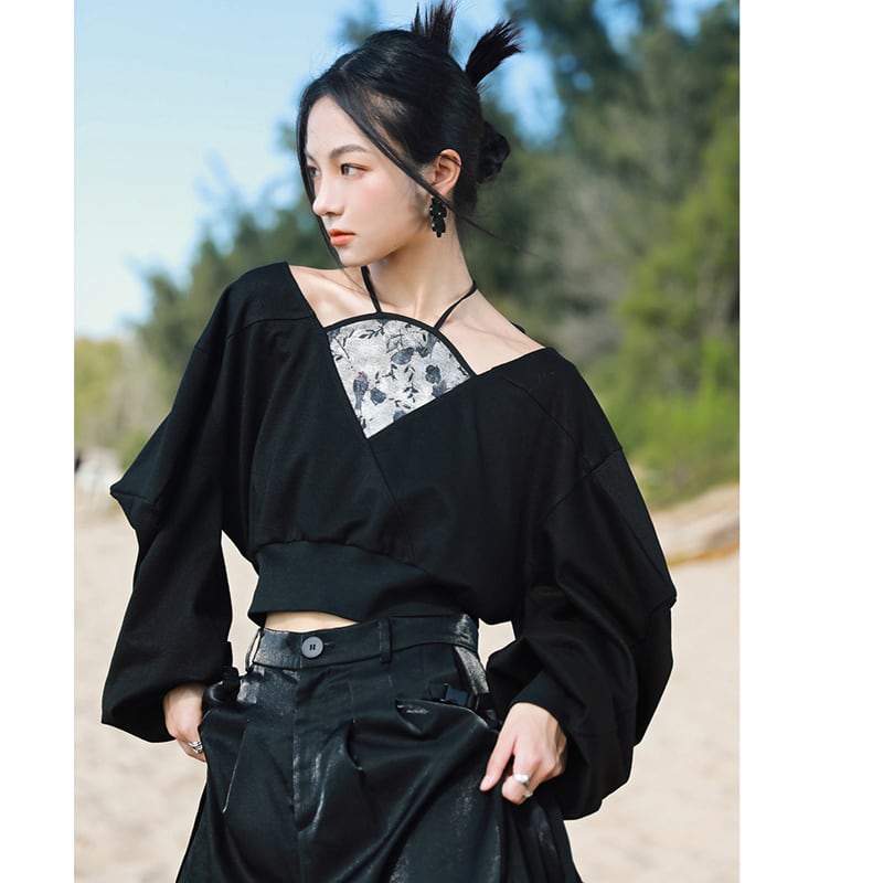 [Big Blue Dragon Series] ★China style tops★ Fake layered, design, slimming, enhances femininity, black, black