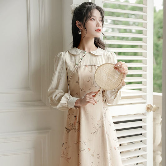 [Encounter series] ★China style dress★ Improved cheongsam dress, floral pattern, date, ethnic style, improves temperament SML