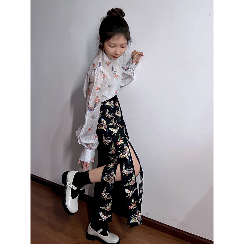 [True fish series] ★China style skirt★ Bottoms slit print butterfly switching unique black black