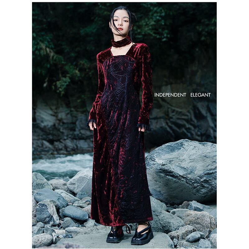 [Daiseiryusu Series] ★China style dress★ Long length velvet wine red red original retro