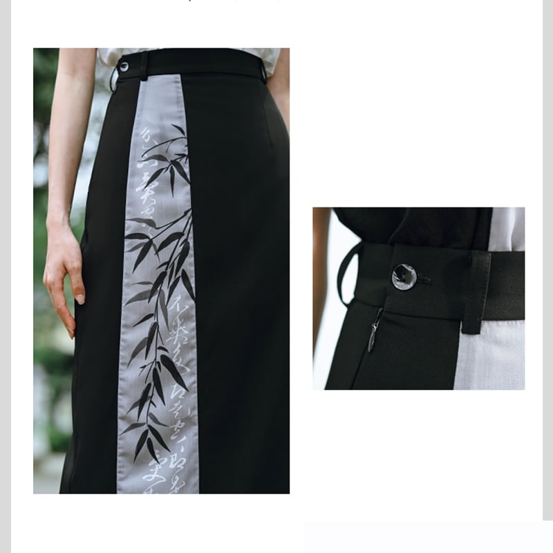 [Kokaisha --- Bamboo Series] ★China-style skirt★ Bottoms, switching print, bamboo pattern, slimming, easy to match