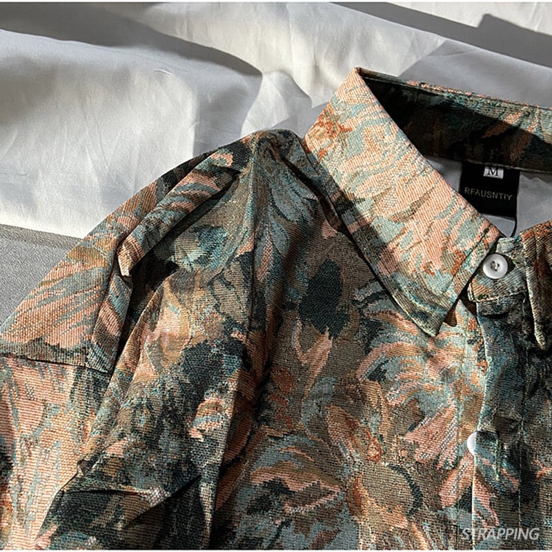 [STRAPPING Series]★Shirt★ 2color oil painting style tops unisex floral pattern blue brown ML XL 2XL