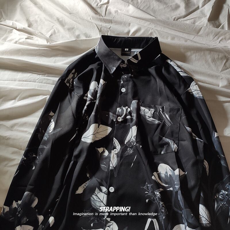 [STRAPPING Series]★Shirt★ 2color Tops Print Unisex Men's Spring Clothes Autumn Clothes Thin Black White Ink Pattern