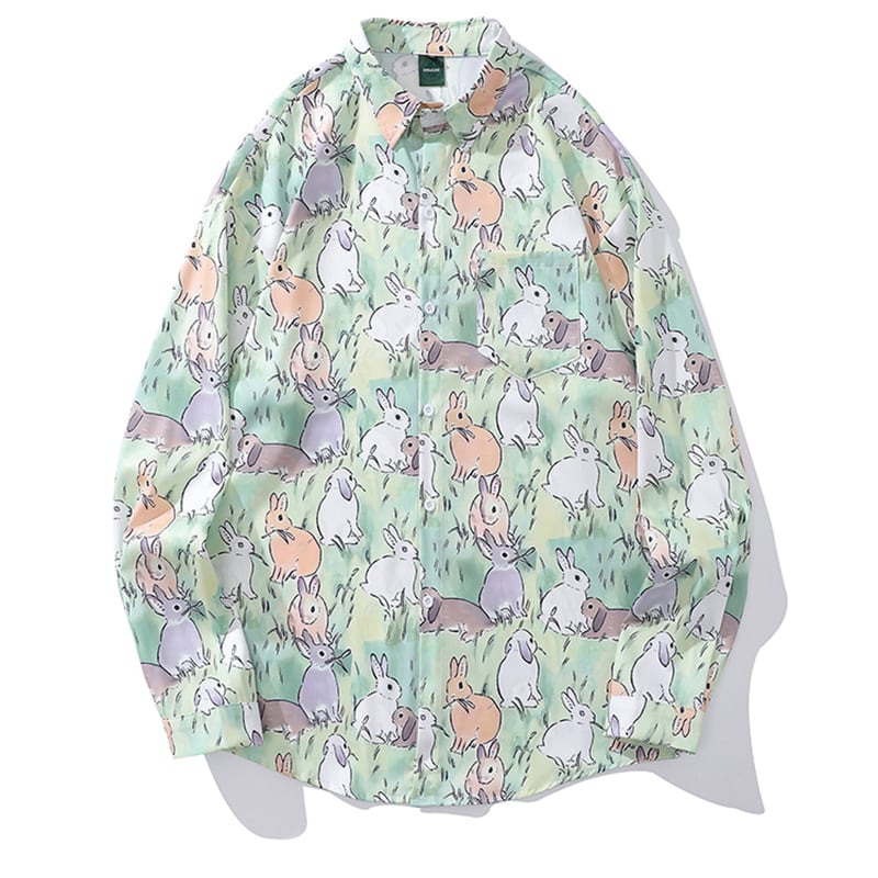 [TRAVEL ISSUANCE Series]★Shirt★ 2color long sleeve shirt tops unisex men's rabbit cartoon blue green