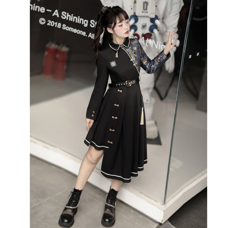 Manager recommended! [Dust Smoke Cloud Dream---Fightless City Series] ★China style dress★ With belt, long sleeves, switching, floral pattern, black, black, irregular, SML