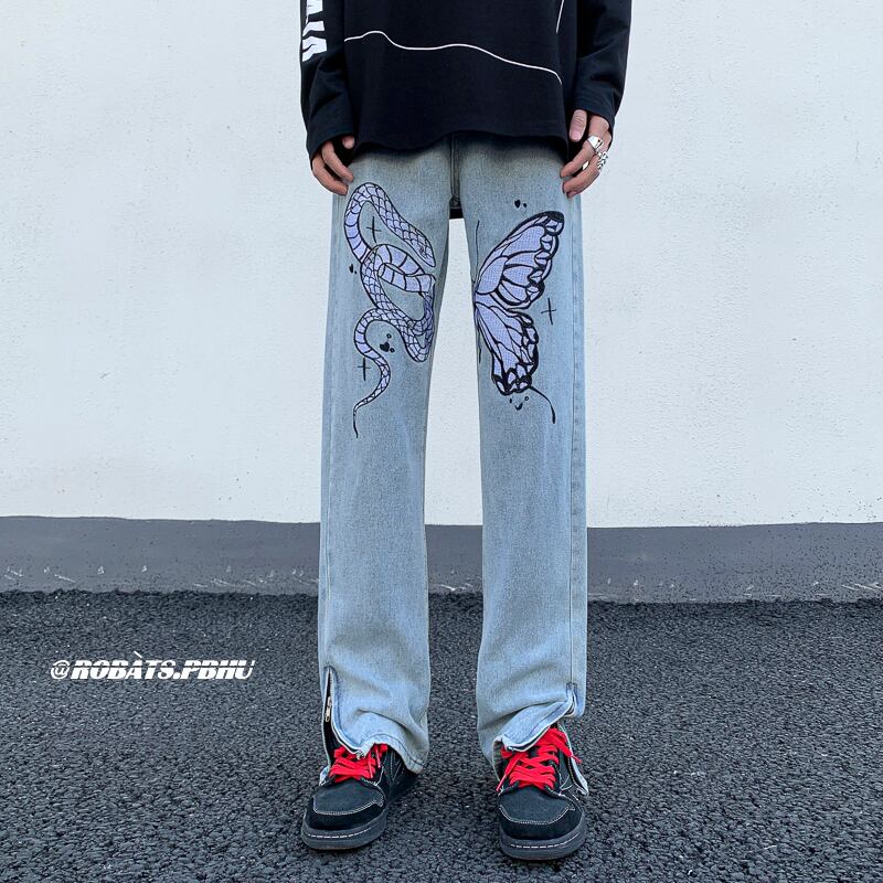 [YANDAN Series]★Denim Pants★ Bottoms Pants Unisex Men's Embroidery Butterfly Blue Blue Large Size