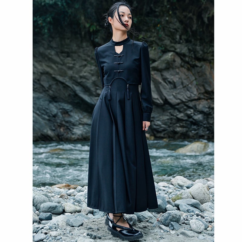 [Big Blue Dragon Series] ★China style dress★ Faux layered retro black black design