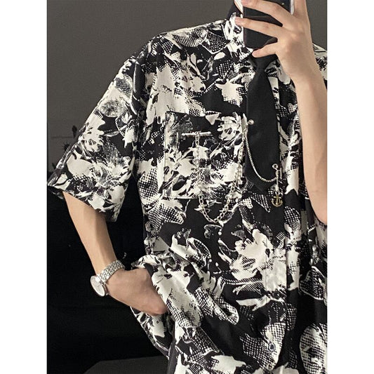 [MDYCD Series]★Shirt with Tie★ 2color Floral Print Shirt Tops Short Sleeve Shirt Unisex Men's Black White