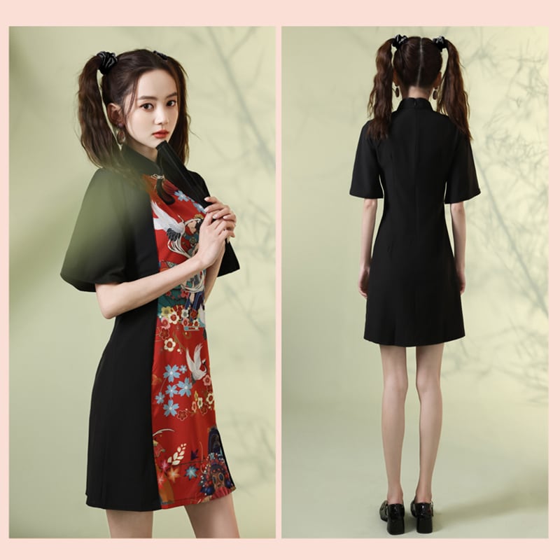 [YUEQIAO Series]★China Dress★ 4color Short Length Chinese Style Dress Crane Chinese Clothes Switching Cute