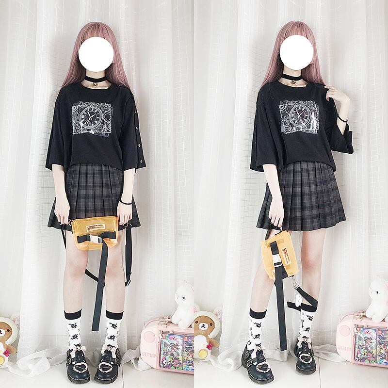 [Nekogan Series] ★T-shirt★ Cotton Tops Women's Fashion Cute 3/4 Sleeve Black Black