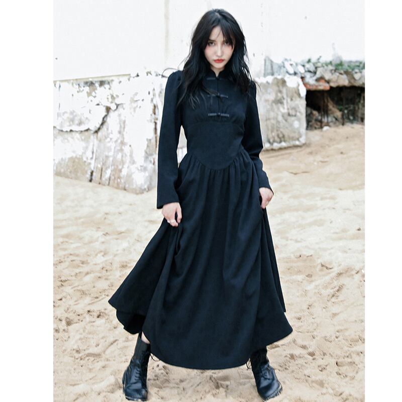 [Da Qinglong Shu Series] ★Chinese style dress★ Long length Chinese clothing Original Black Black Improves your temperament