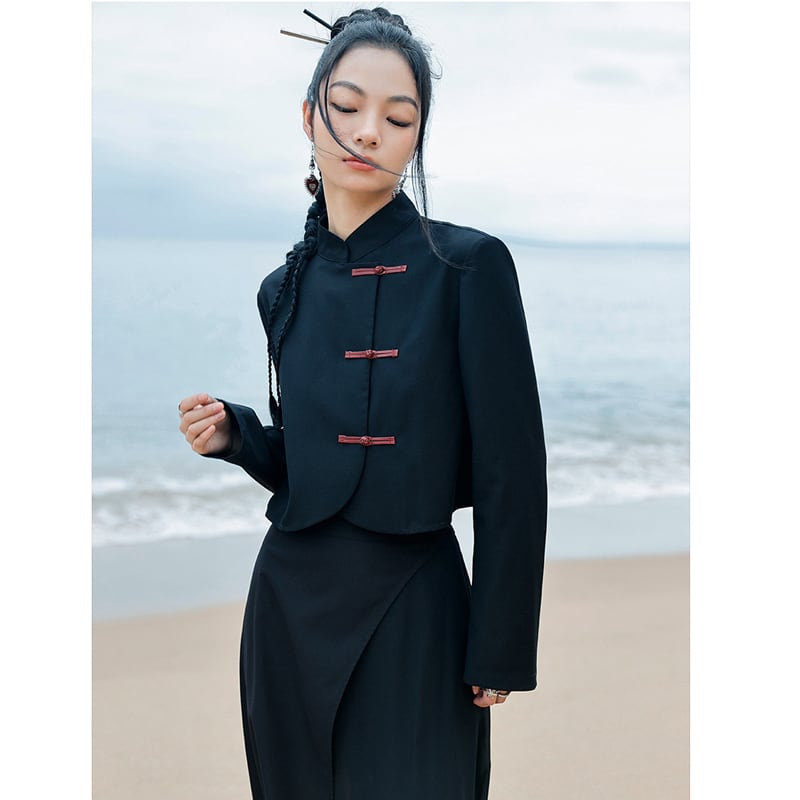 [Daiseiryusu Series] ★China style outerwear★ Tops embroidery black black unique color scheme slimming original