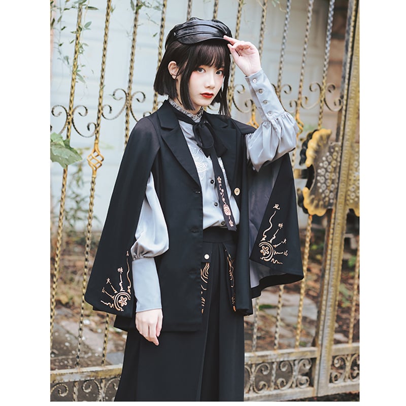 [Kokaisha---Mou Series] ★Chinese-style outerwear★ Cloak, embroidered, fashionable, black, ML, original, slimming