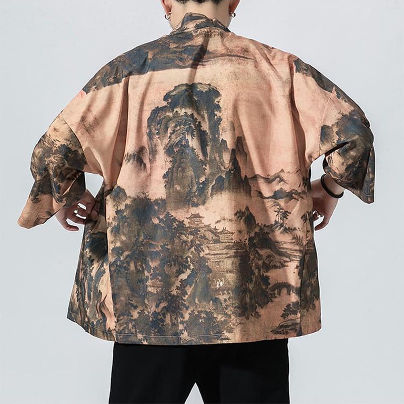 [JUNYI Series] ★Happi coat★ Landscape pattern print Chinese style Unisex Men's Large size Casual Brown