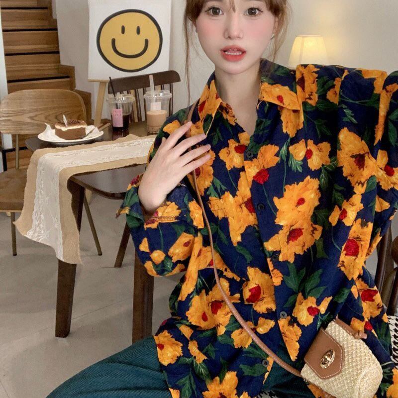 [YOUZI Series]★Shirt★ Tops Oil Painting Style Floral Pattern Sunflower Loose Retro Commuting Date Women's