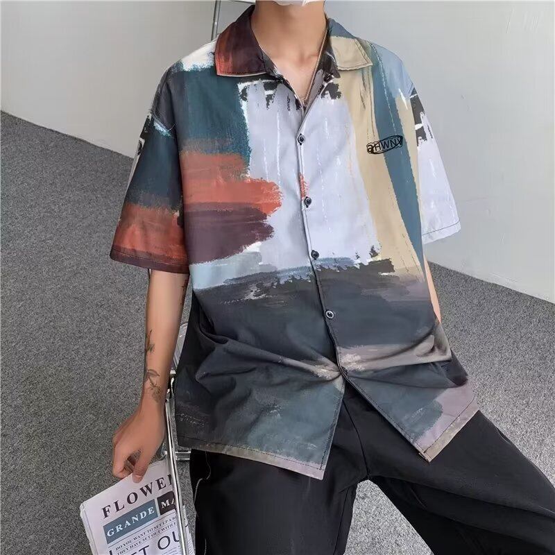 [BUKEXING Series]★Shirt★ Tops Unisex Men's Oil Painting Style Short Sleeve Thin Cool Unique Print