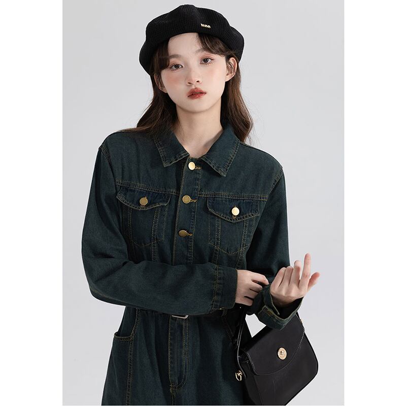 [Minami no Mori Series] ★Dress★ Denim dress with belt, retro, slimming, easy to match SML