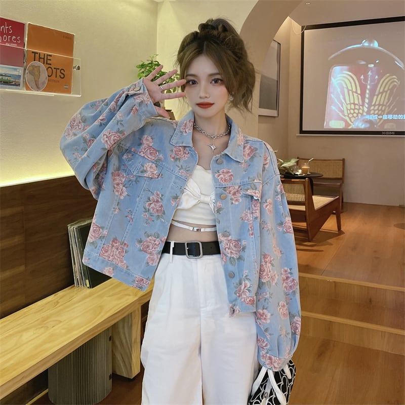 [Home Series]★Denim Jacket★ Floral Tops Outerwear Jacket Women's Short Length