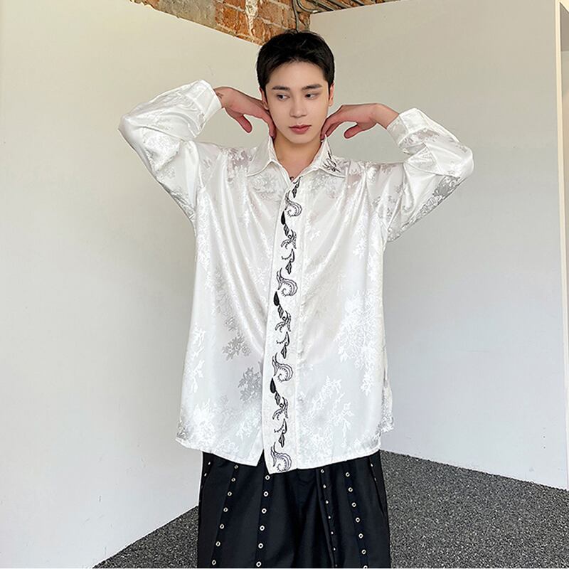 [Illustrated series] ★China style shirt★ Embroidery 2color tops long sleeve shirt unisex men's loose fit black white