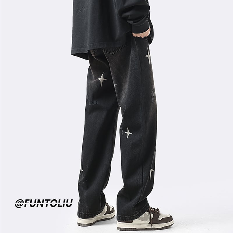 [OULUDE Series]★Denim Pants★ Bottoms Pants Unisex Men's Star Pattern Gray Black ML XL 2XL 3XL