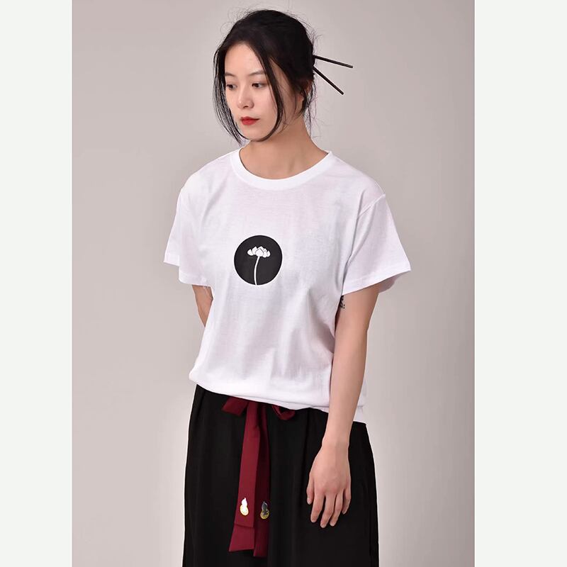 [Mumuki Series]★China style T-shirt★ Tops 2color Unisex Men's Large Size Lotus Pattern Simple Cotton