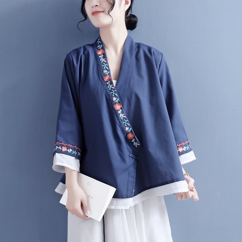 [Qing Series]★China style shirt★ Tops 5 colors White Pink Blue Purple Blue Green V-neck Embroidery Three-quarter sleeves