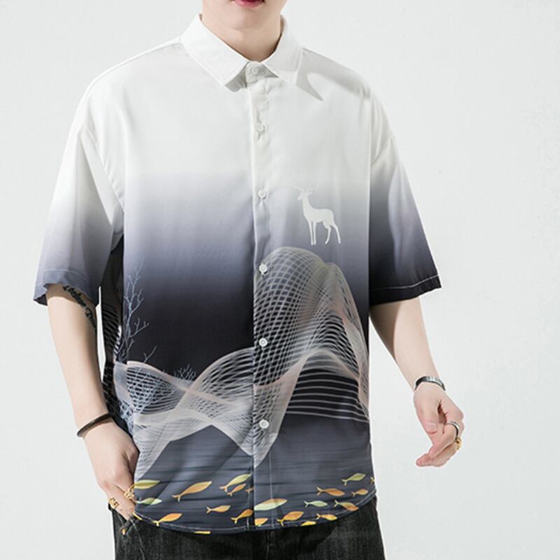 [MOWENZHAI Series] ★China Style Shirt★ Ink Pattern Short Sleeve Shirt Tops Unisex Men's Large Size