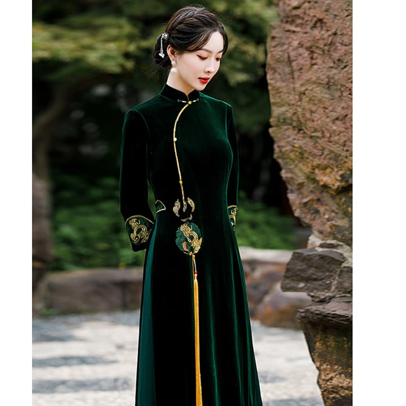 [ZHEZI series]★China dress★ 3color velvet embroidery large size long length green blue red