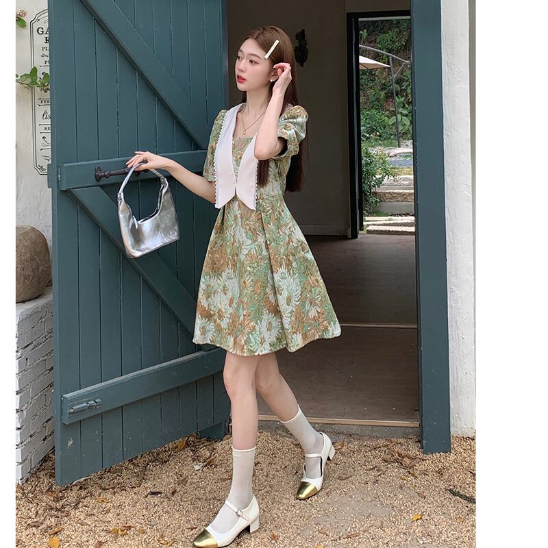 [MEIYI Series] ★One Piece★ Large Size Switching Cute Oil Painting Style Summer Clothes Summer Dress Date Photography Commuting Green Floral Pattern