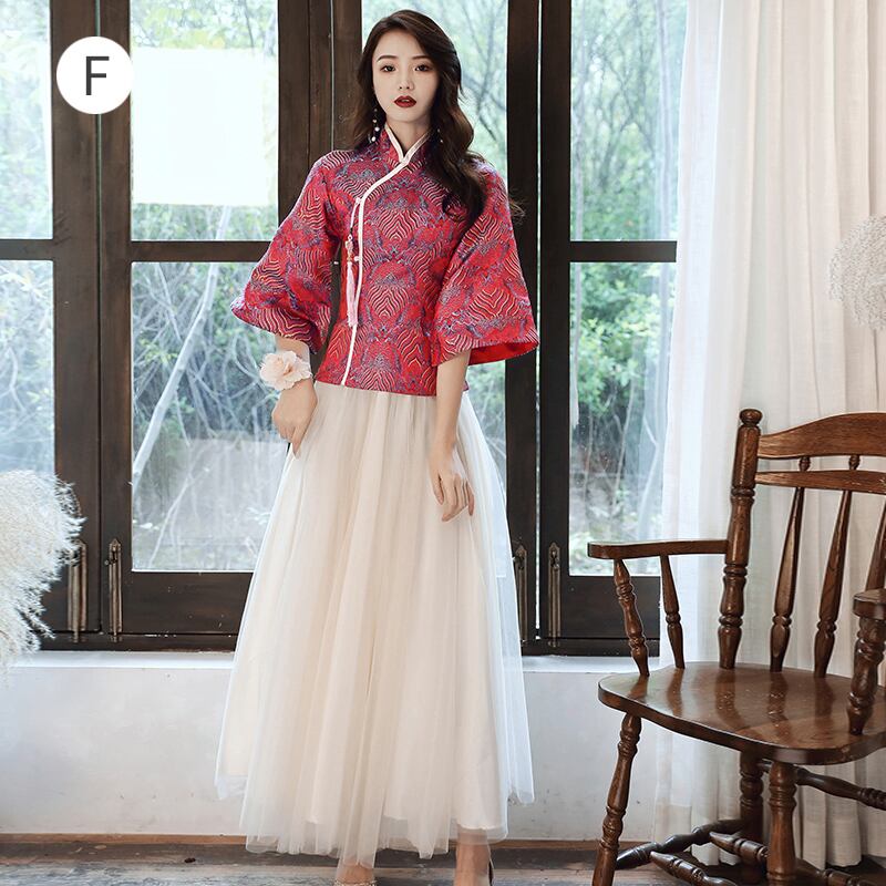 [Paper-dyed series] ★Party dress★ Chinese style tops + long skirt 6color SML LL 3L 4L Red