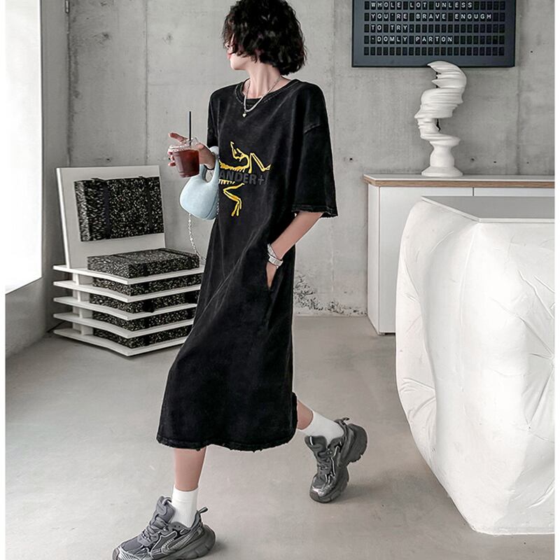 [YIDAO Series] ★T-shirt dress★ Print retro loose casual summer clothes black black