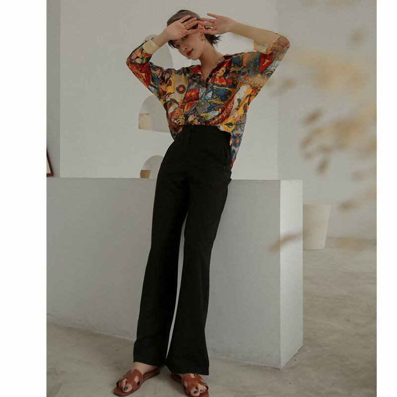 Oil painting style shirt, retro tops, long sleeves, outstanding design, SM, radically changing image, print, easy to match