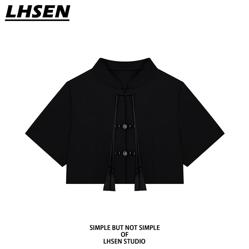 [LHSEN Series]★China-style tops★ Chinese-style shirt, mini length, slim fit, short sleeves, easy to match, black, black