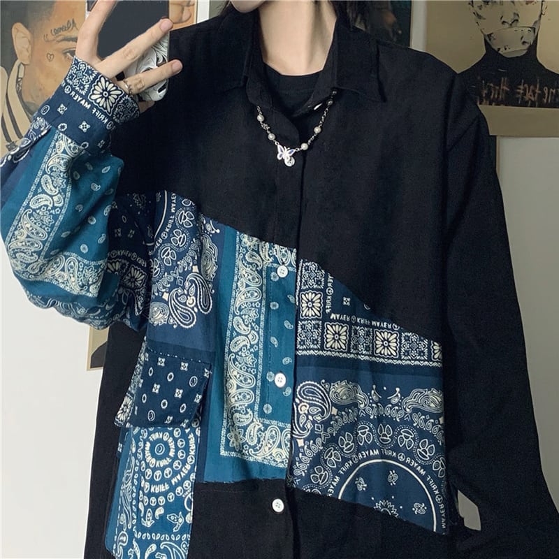 recommendation! [Style Series]★Shirt★ Tops Floral Pattern Switching Unisex Print Men's Women's Black Black Blue